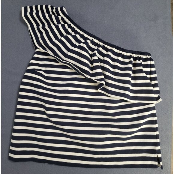 J. Crew Tops - J. Crew One Shoulder Striped Ruffle Top Navy Cream SZ XS Preppy Cotton Classic